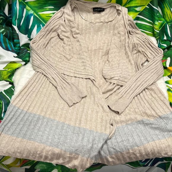LANE Bryant 14/16 Tan Beige Grey Asymmetrical Open Fall Spring Office Cardigan - Picture 1 of 11